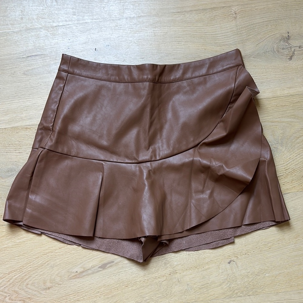 Brown Faux Leather Skirt / Short with Ruffle Detail